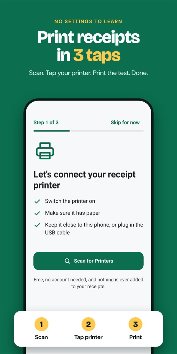 Raw Print setup screen: Let's connect your receipt printer, with a Scan for Printers button and three steps: Scan, Tap printer, Print.