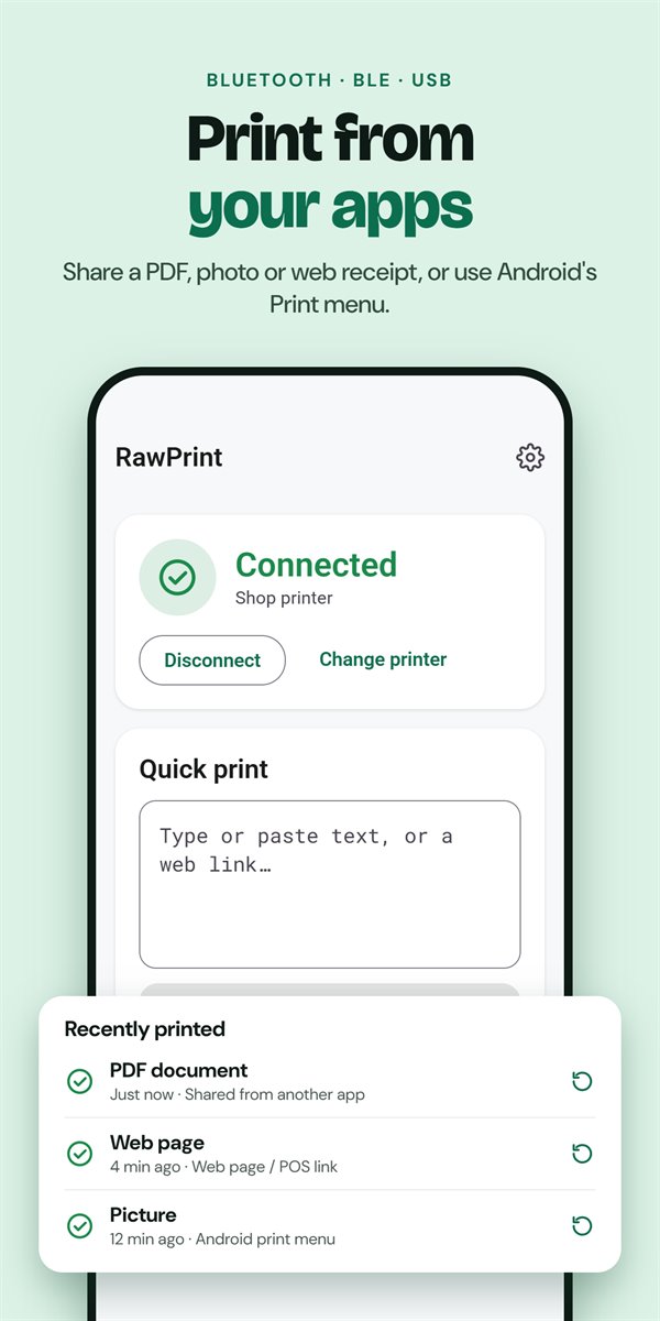 Dashboard showing a connected printer, Quick print and recently printed jobs.